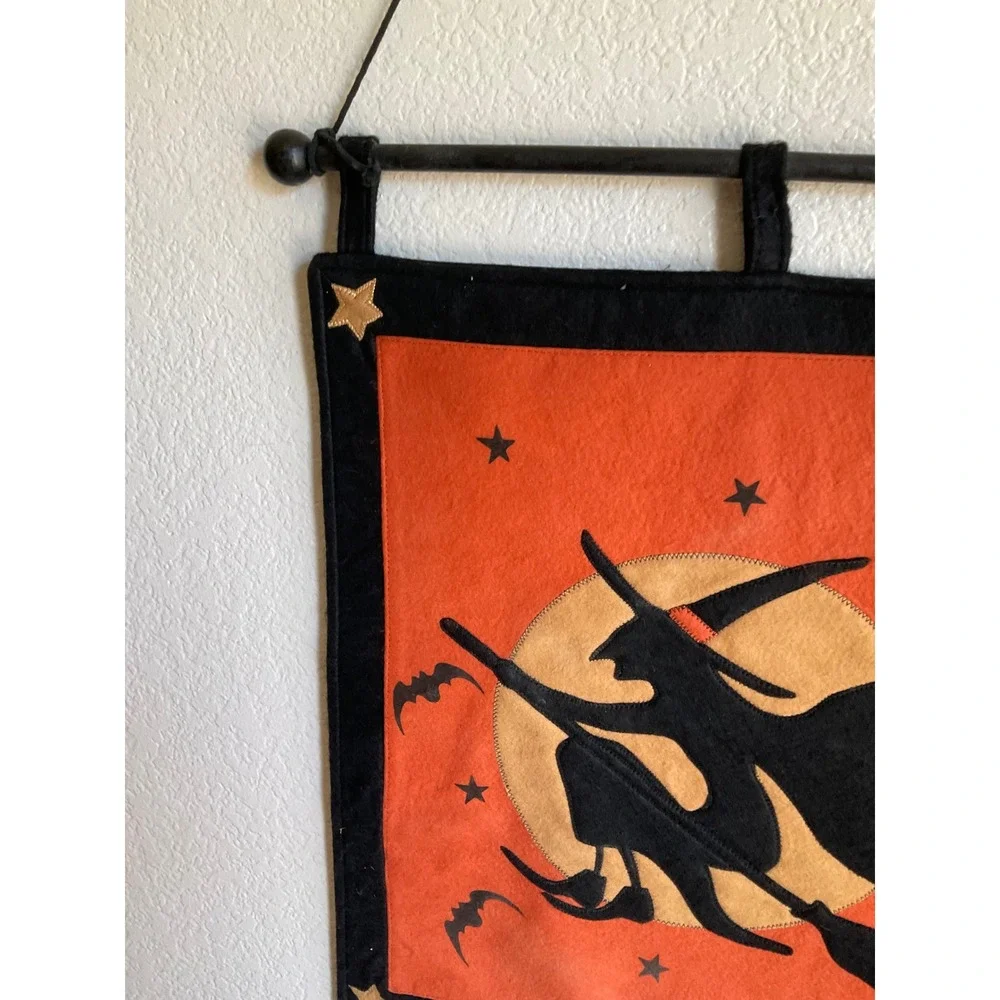 Halloween Witch Moon Felt Wall Hanging Banner Primitive Spooky  Orange Black